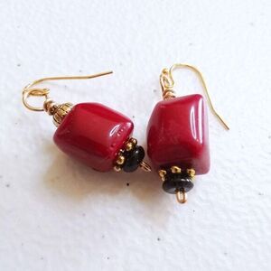 Handmade Chunky Red Coral Dangle Earrings! Women's Eclectic Red and Gold Jewelry
